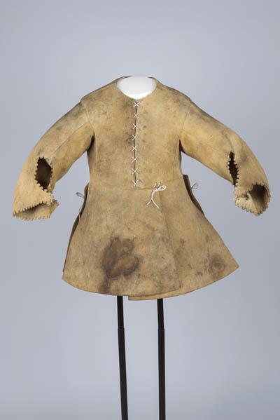 Buff coat belonging to John Leverett Ox hide, linen thread