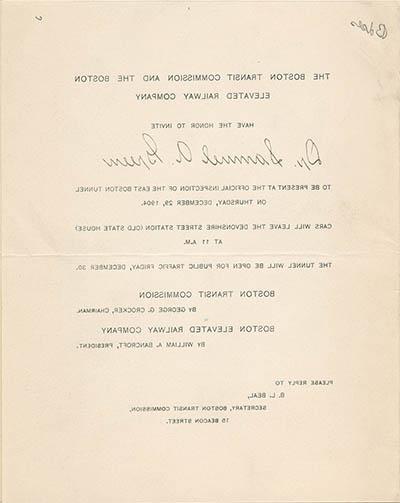 Invitation to the official inspection of the East Boston Tunnel Printed